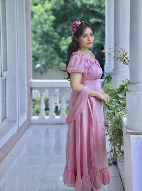 Pink Regency Era Dress with Ruffled Neckline and Puff Sleeves – Bridgerton Inspired Dress Plus Size